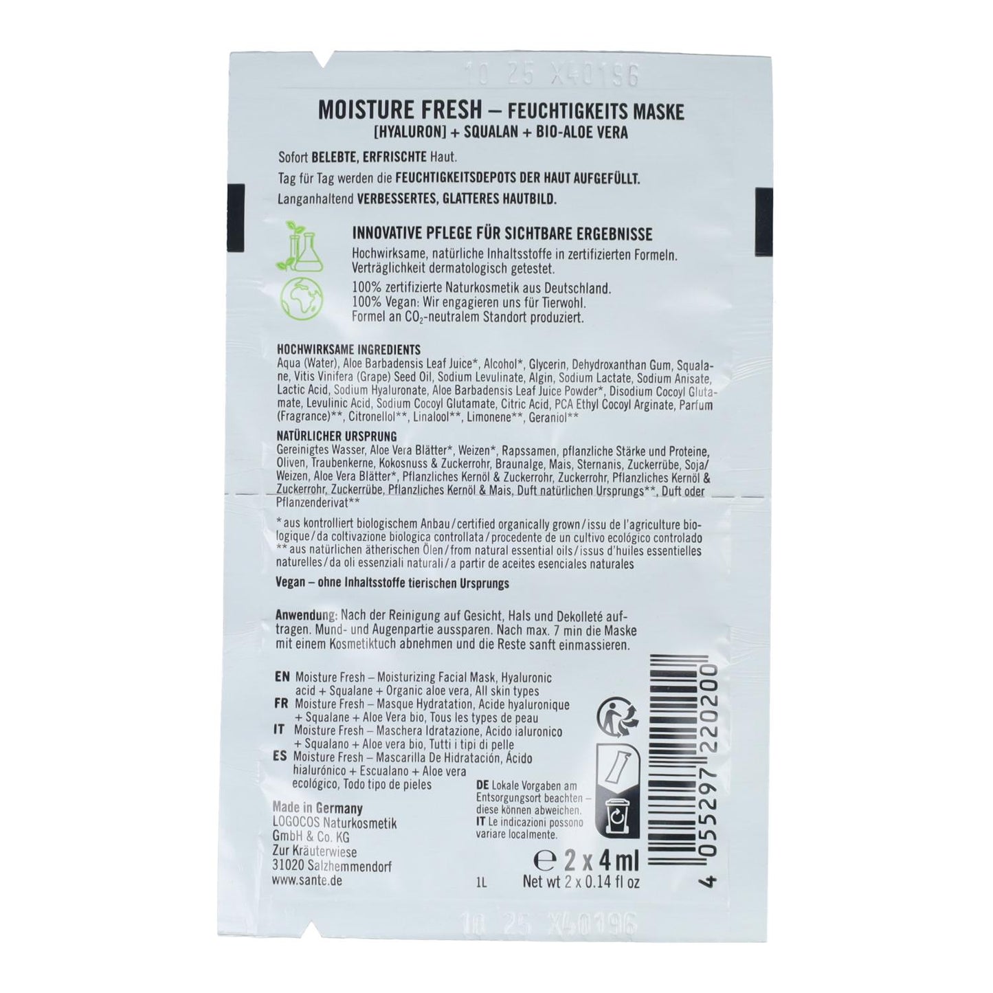 Mascarilla fresh hidratación ácido hialurónico & aloe, Sante 2 x 4 ml