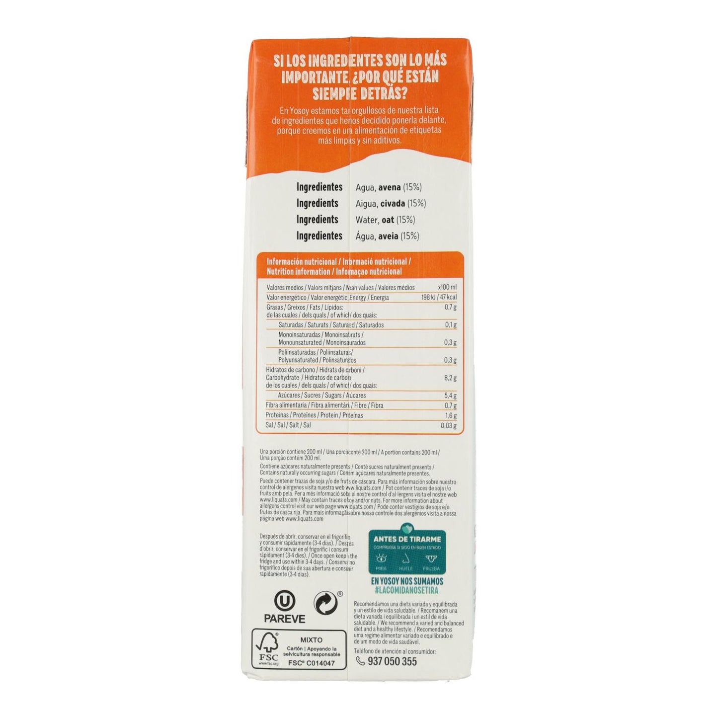 Bebida de Avena Sin Gluten YOSOY 1L