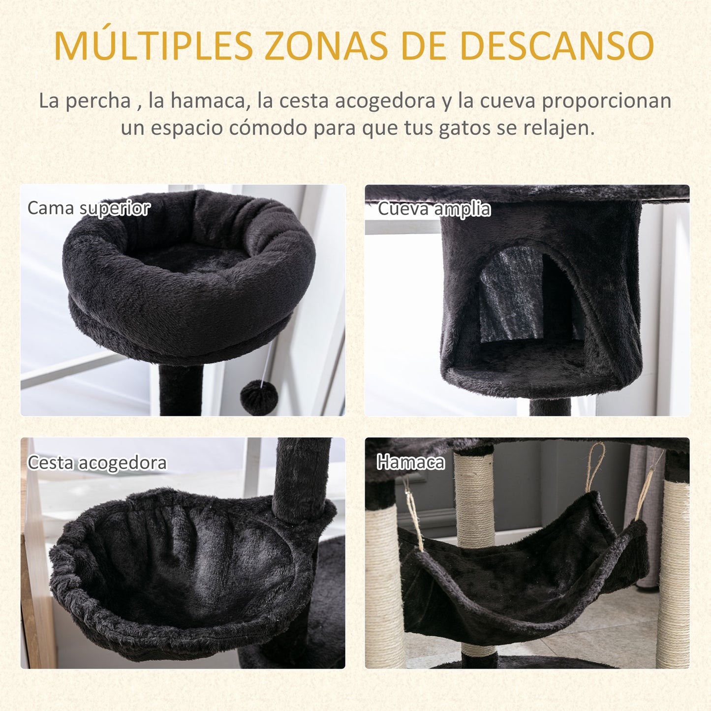 Pawhut Rascador Para Gatos 153 Cm Con Cueva Plataformas Postes De Sisal Y Bola_5