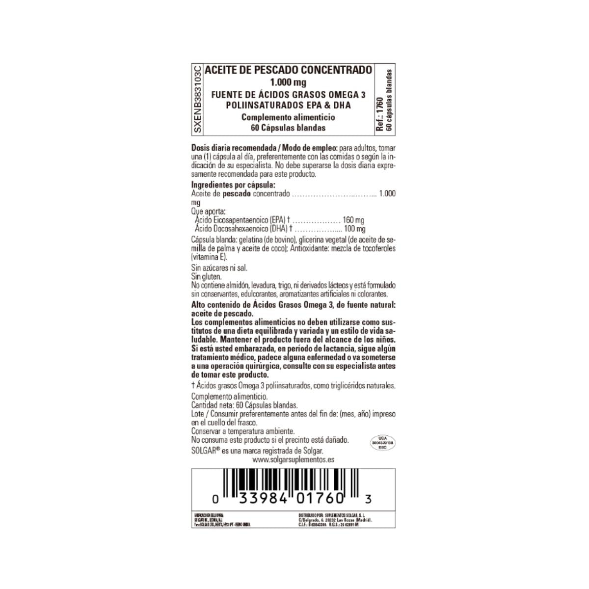 Aceite de pescado concentrado Solgar 60 cápsulas