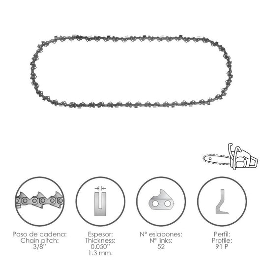 Cadena Motosierra 3/8 / 0.050 1,3 Mm. / 52 Eslabones / 91 P