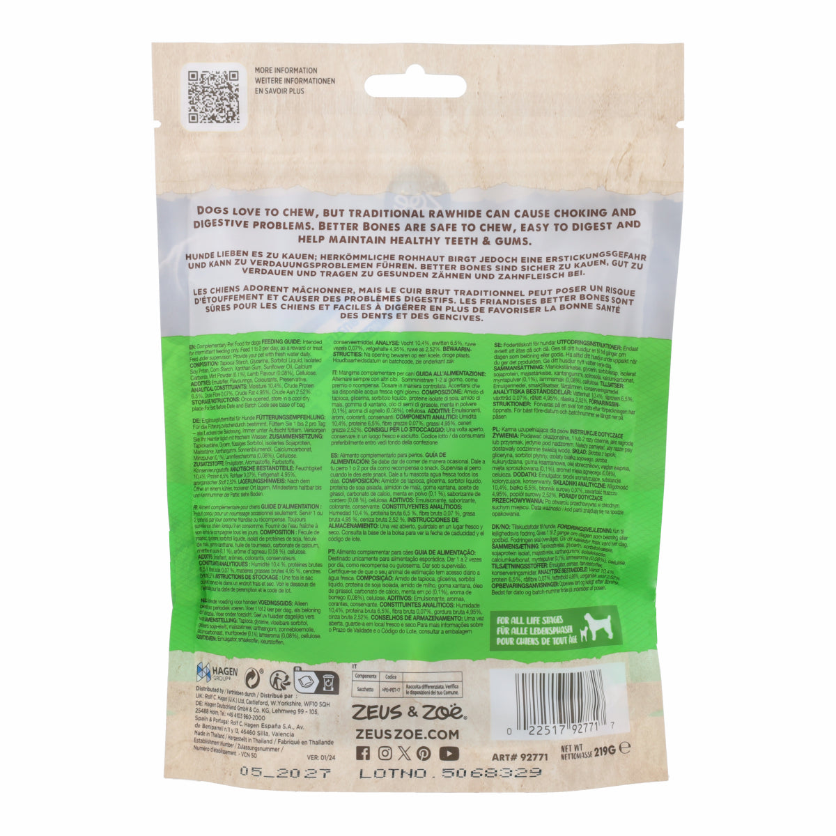Snack para perros Better Bones sin proteina animal Cordero Small Bones 7,5 cm 10 uds Zoë