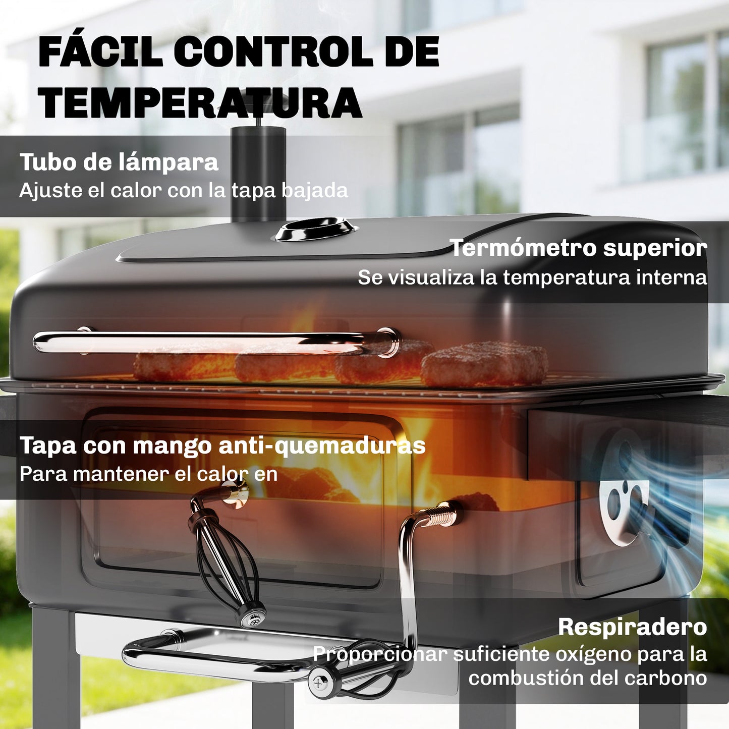Outsunny Barbacoa De Carbón Con Gran Parrilla Bandeja Ajustable Estantes Ruedas_5