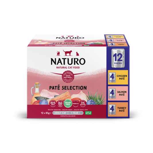 Multipack 12 sobres de Comida para Gato Adulto en Paté Naturo de Sabores variados pollo/salmón/pavo 12x85g