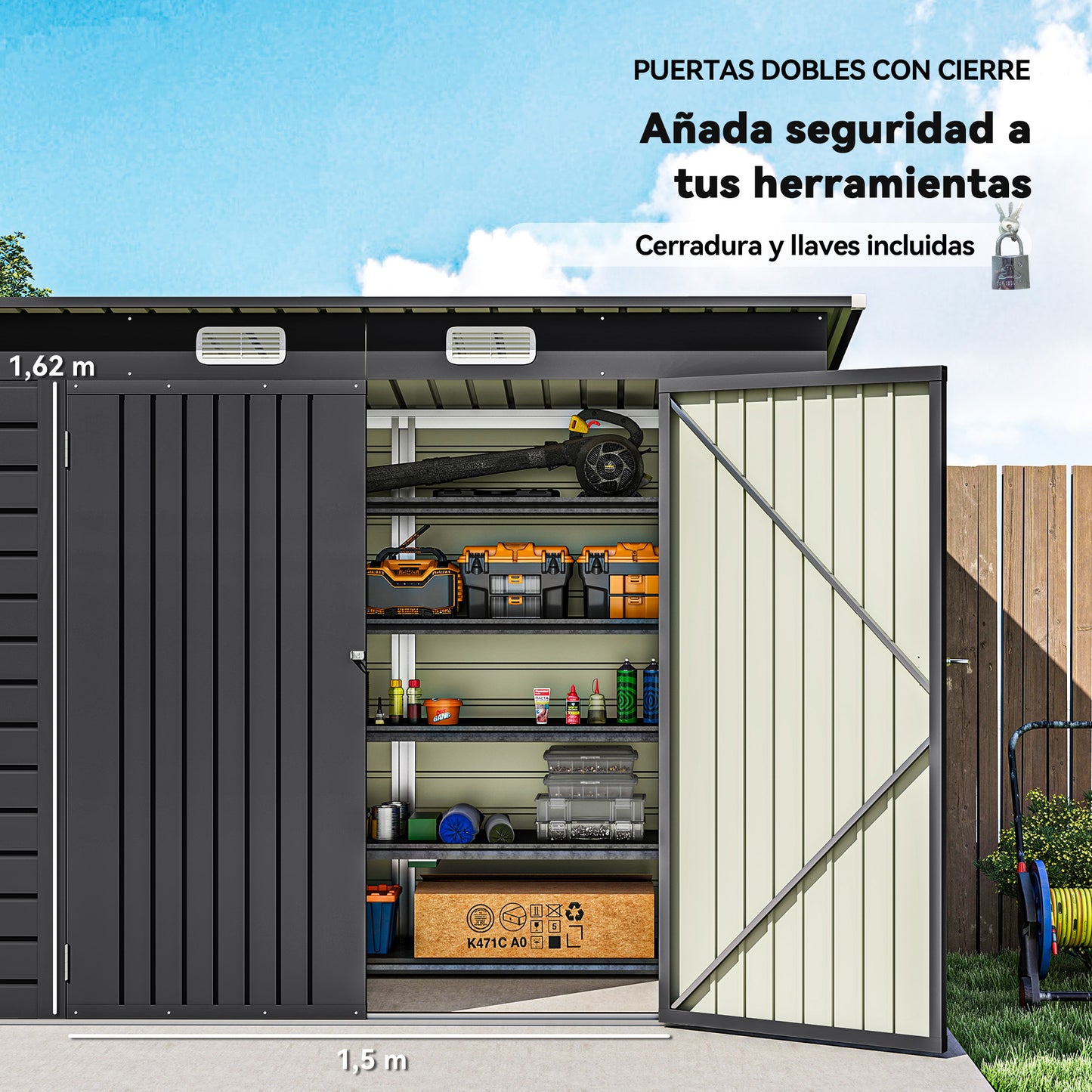 Outsunny Caseta De Jardín Exterior 2,7m² 249x121x183 Cm Con Doble Puerta Gris_5
