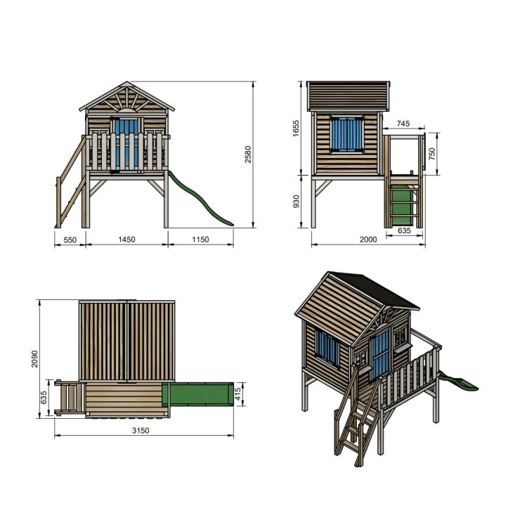 Casita Infantil De Madera Por Paneles Masgames Visby Elevada 90 Cm Azul.