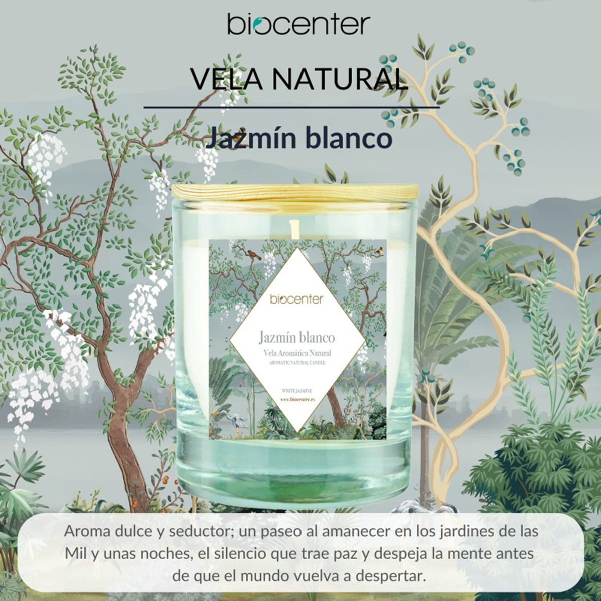 Vela natural Jazmín blanco - cera vegetal y aceites esenciales, Biocenter, 200 gr