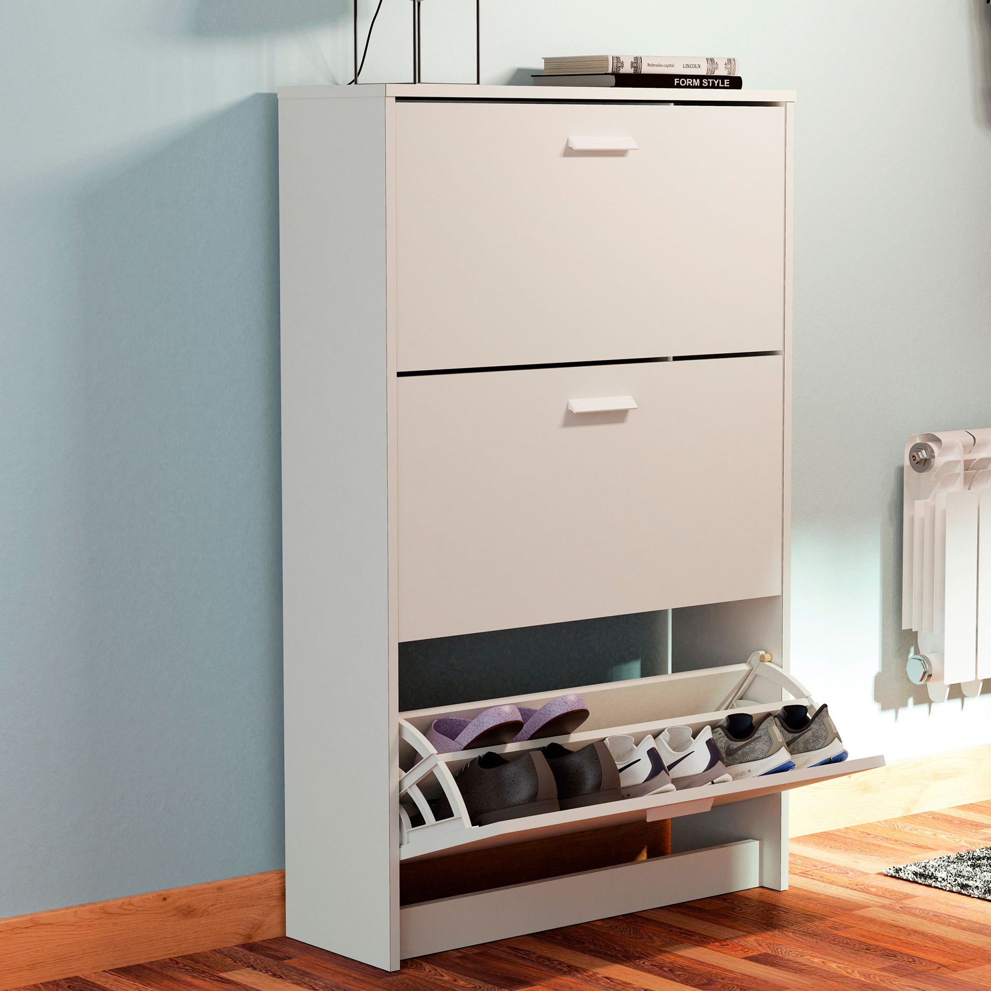 Zapatero Entrada Recibidor, Mueble Auxiliar Estrecho Zapatos, 3 Puertas, Madera 119,5x74x25 Cm, Briebe, Nova, Blanco