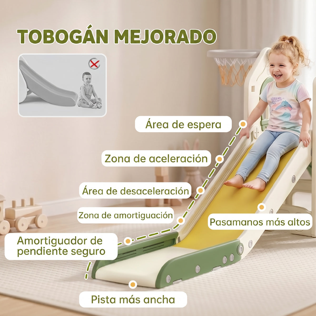 Aiyaplay Tobogán Infantil Plegable 5 En 1 Con Escalador Aro De Baloncesto Crema_5