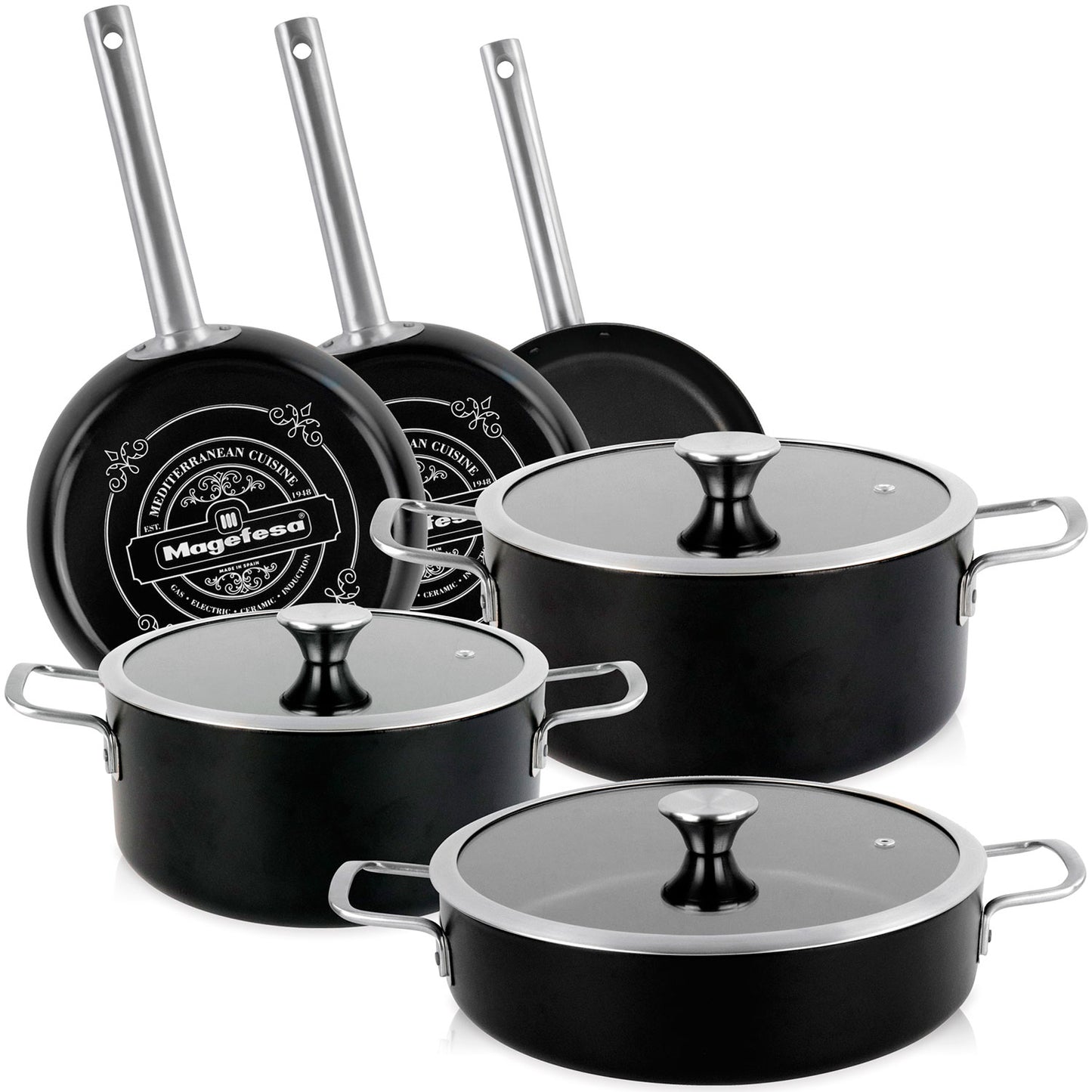 Batería Cocina Inducción 9 Piezas, Antiadherente Libre Pfoa Exterior Negro Mate Retro Vintage Magefesa Ares, Negro