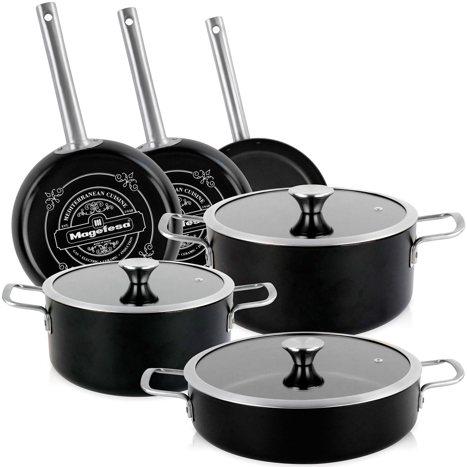 Batería Cocina Inducción 9 Piezas, Antiadherente Libre Pfoa Exterior Negro Mate Retro Vintage Magefesa Ares, Negro