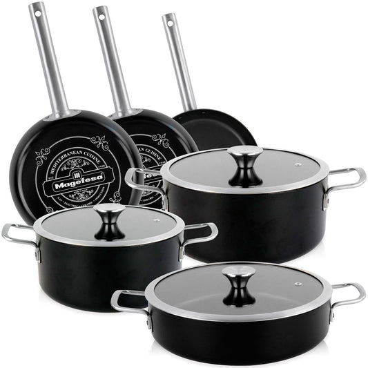 Batería Cocina Inducción 9 Piezas, Antiadherente Libre Pfoa Exterior Negro Mate Retro Vintage Magefesa Ares, Negro