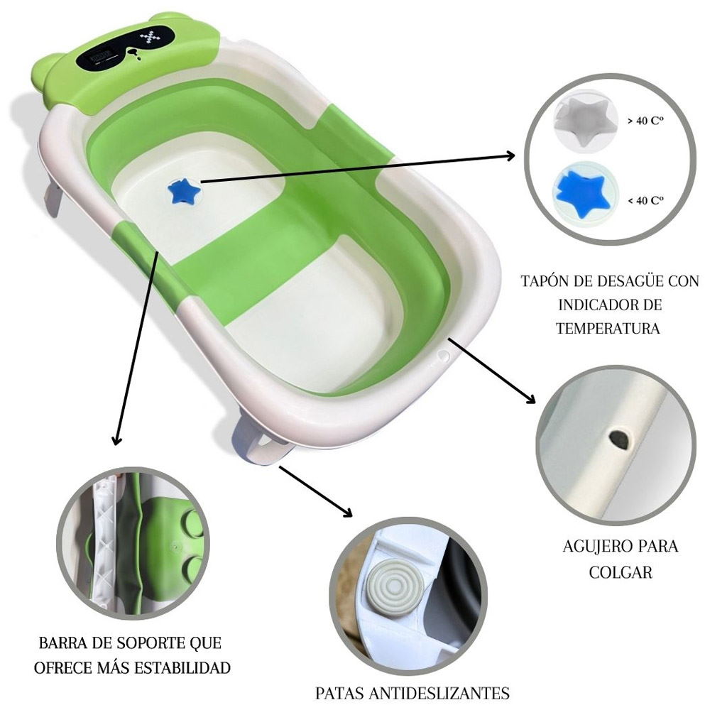 Bathby Bañera Plegable Para Bebés Recién Nacidos, Cojín Oso, Termómetro, Patas Antideslizantes (verde Oso)