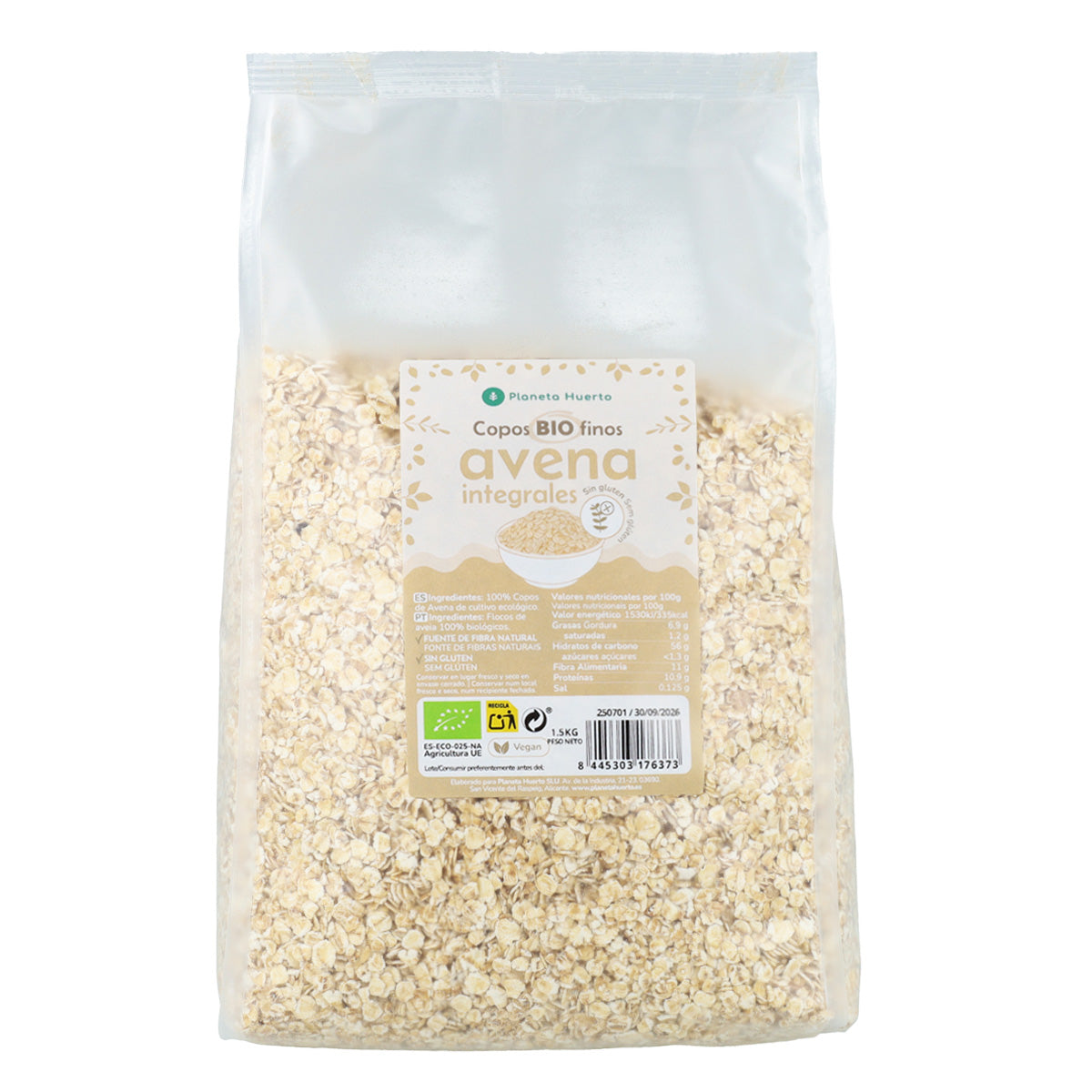 Pack 4x Copos de avena finos Sin Gluten ECO Planeta Huerto 1,5 kg