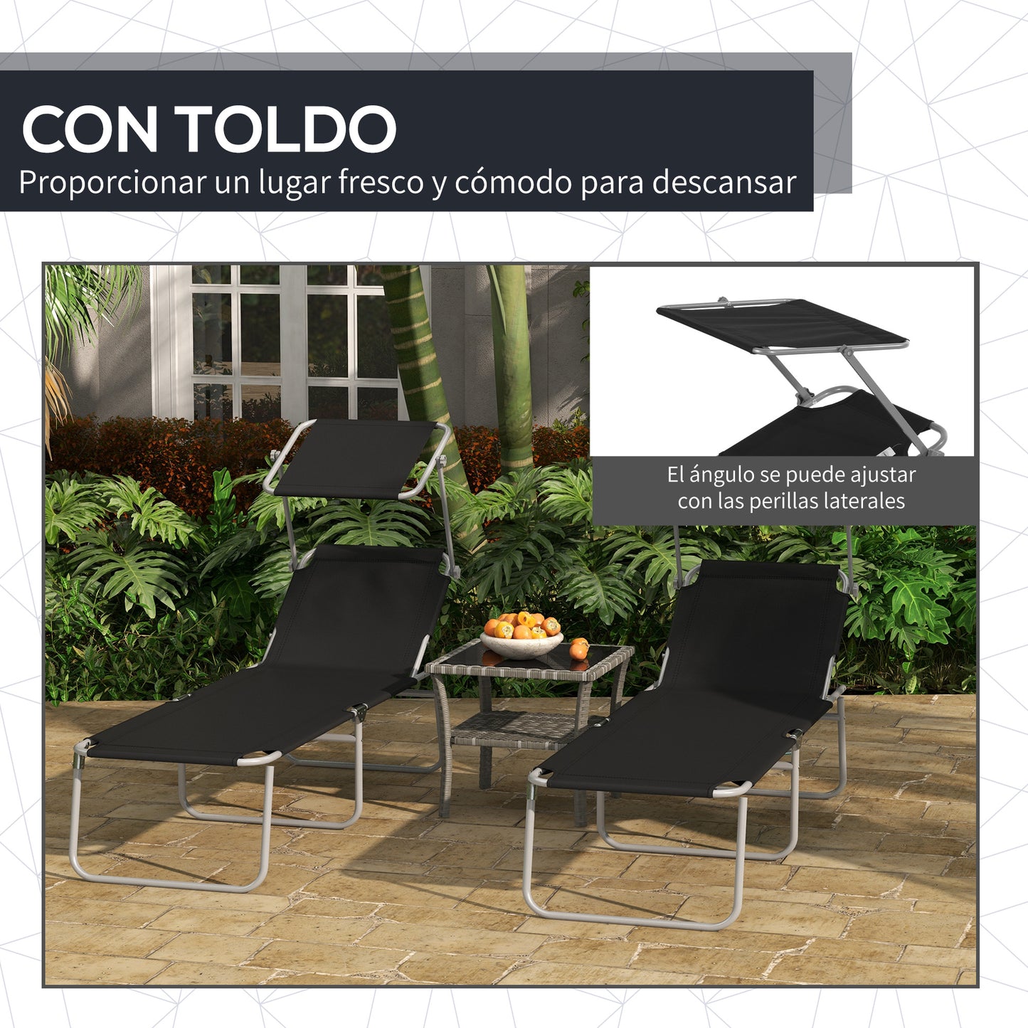 Outsunny Conjunto De 2 Tumbonas Plegables Con Toldo 187x58x36cm Negro_5