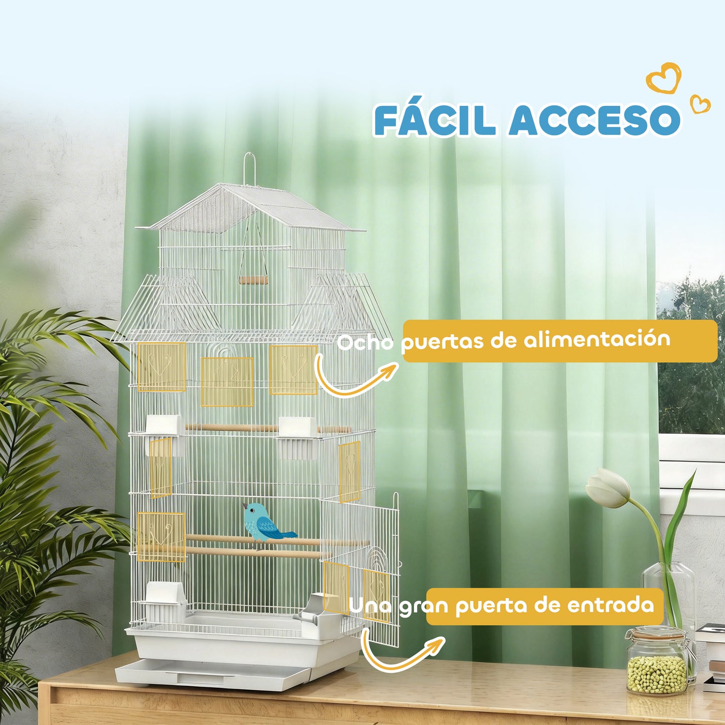 Pawhut Jaula Para Pájaros De Acero Con Comederos Perchas 50,5x41x104 Cm Blanco_5