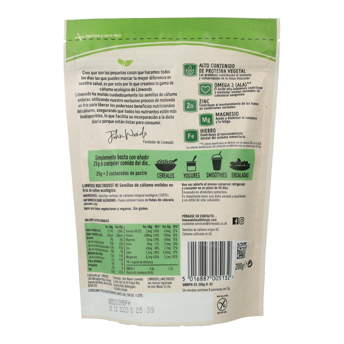 Semillas molidas de cáñamo bio Linwoods 200 g