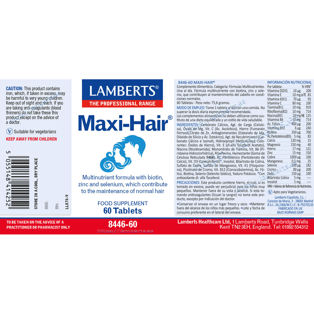 Maxi-Hair, Lamberts, 60 tabletas
