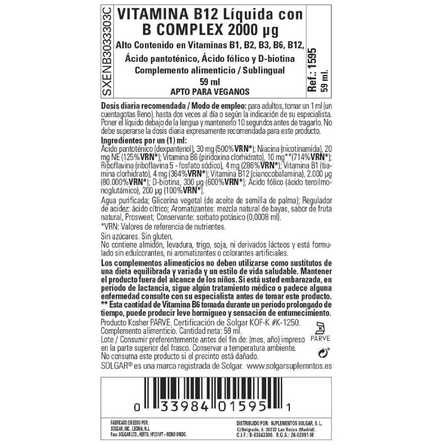 Vitamina B12 líquida sublingual, 59 ml de 2000 μg