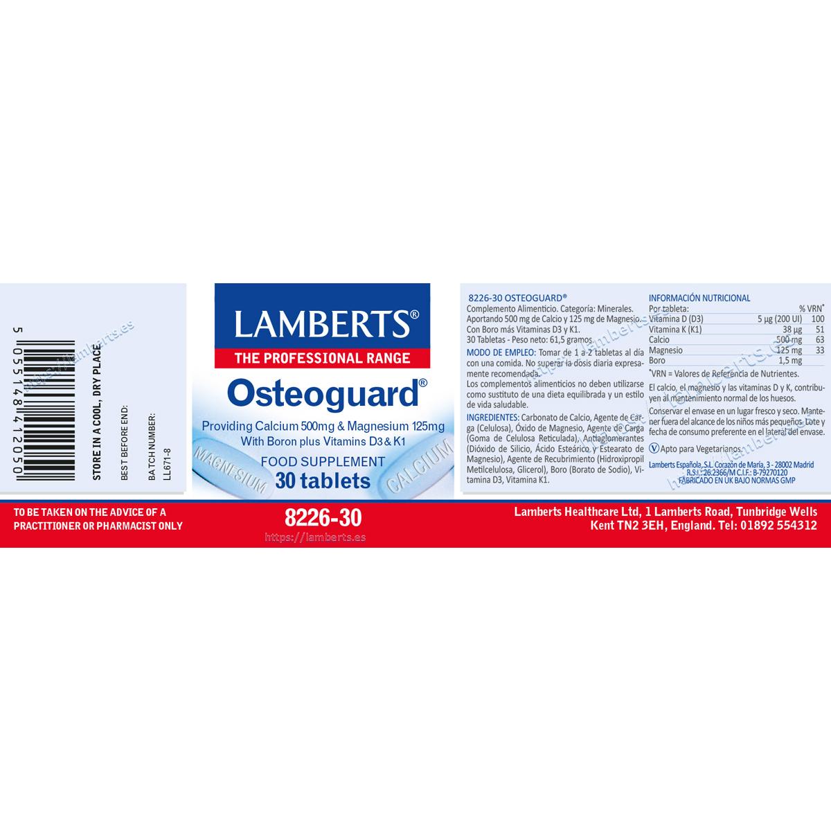 Osteoguard calcio, magnesio, boro vitaminas D y K30 Lamberts 30 tabletas