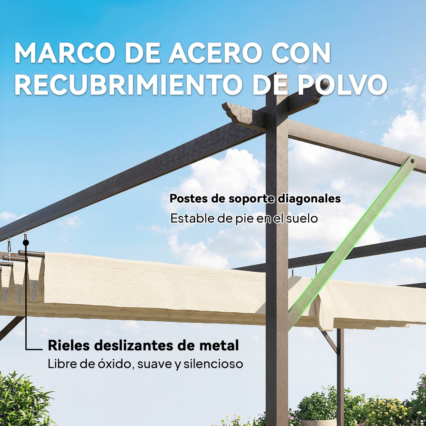 Outsunny Pérgola De Pared 4x3 M Con Techo Retráctil Upf30+ Blanco Crema_5