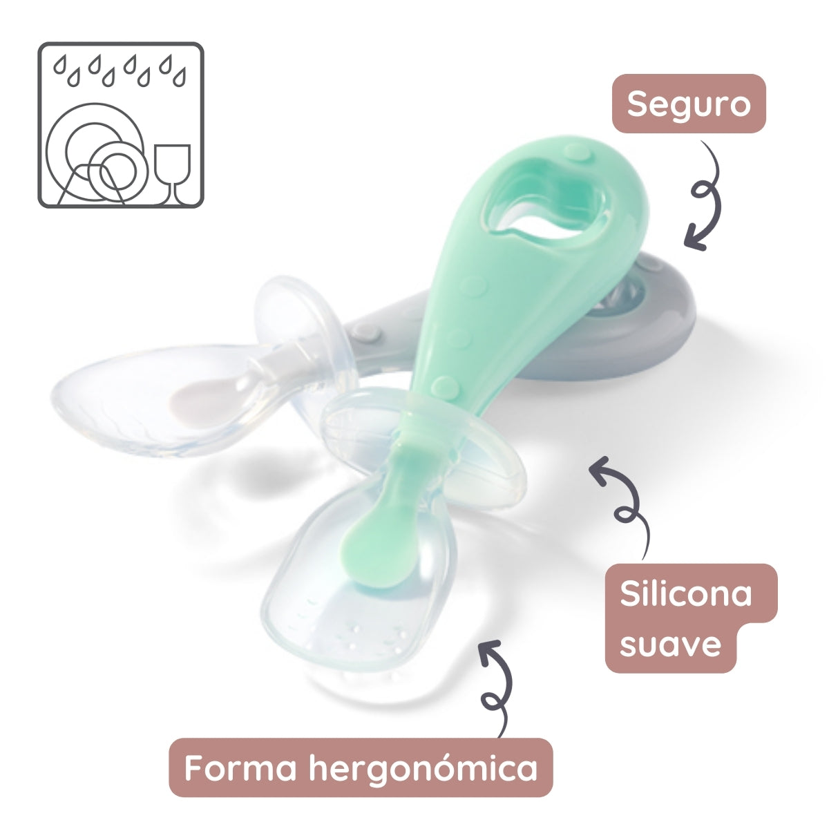 Set 2 Cucharas De Silicona De Seguridad Verde-gris