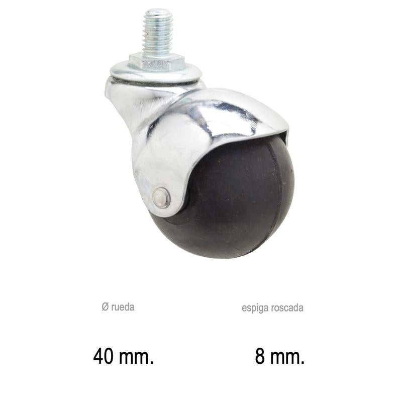 Rueda Domestica Goma Negra Esfera Espiga M8x40 Mm.