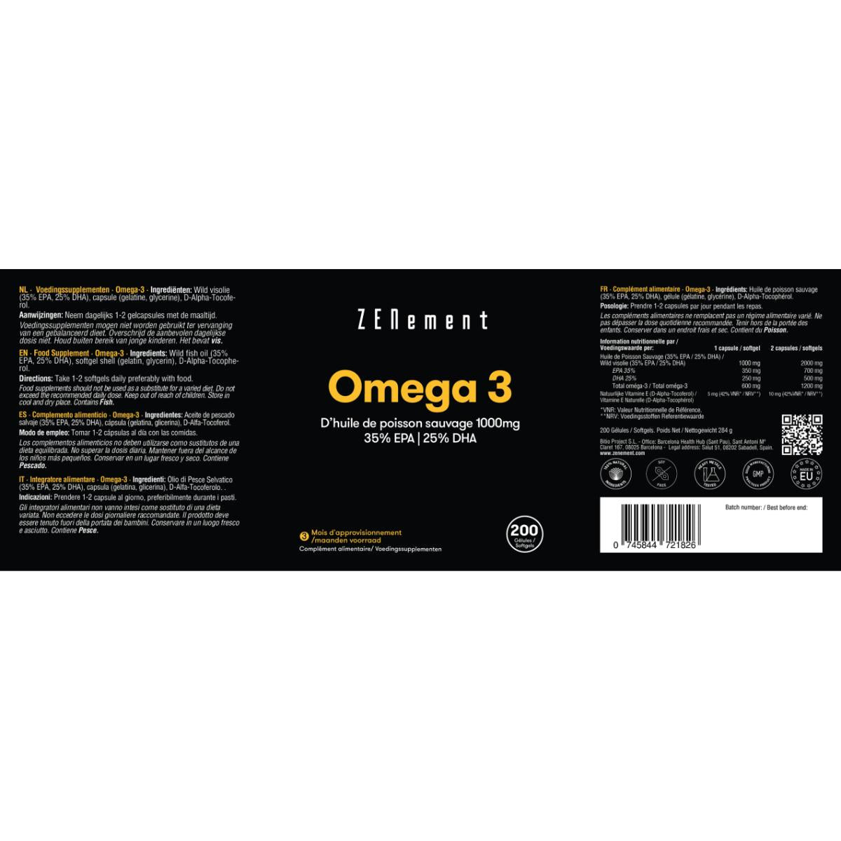 Omega-3 Máxima concentración, aceite de pescado salvaje 1000mg | 35% EPA | 25% DHA Zenement, 200 comprimidos