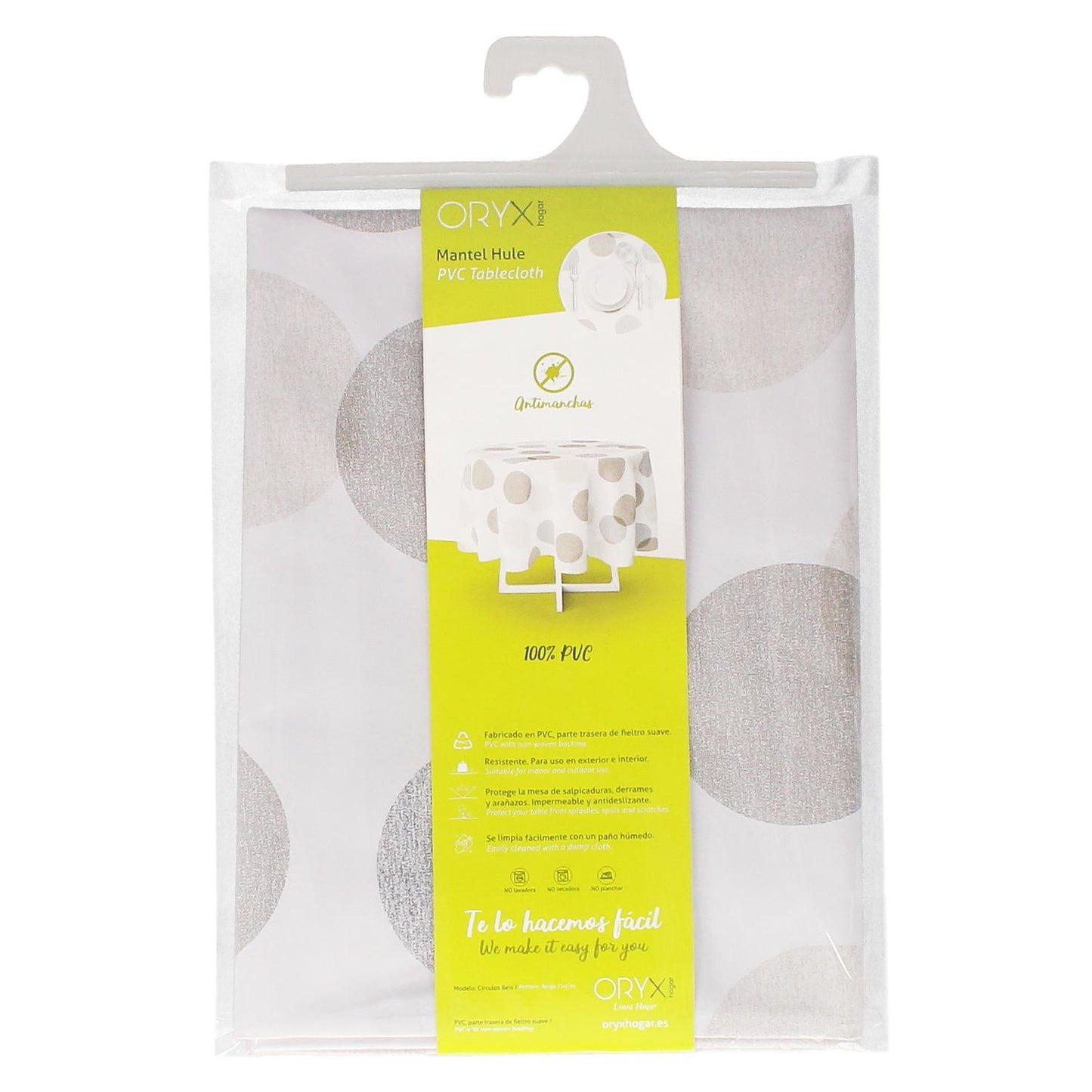 Mantel Hule Redondo Circulos Beige Impermeable Antimanchas Pvc Ø 140 Cm. Uso Interior Y Exterior