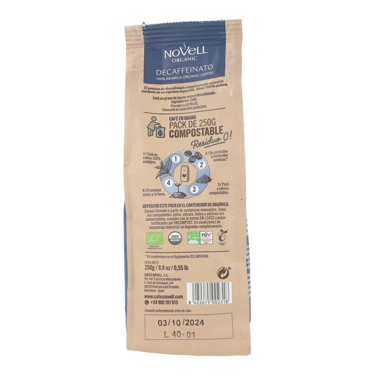 Café en grano ECO descafeinado 250 g