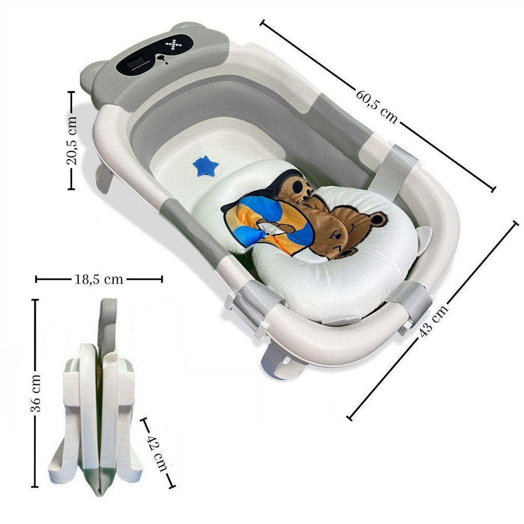 Bathby Bañera Plegable Para Bebés Recién Nacidos, Cojín Oso, Termómetro, Patas Antideslizantes (gris Oso)