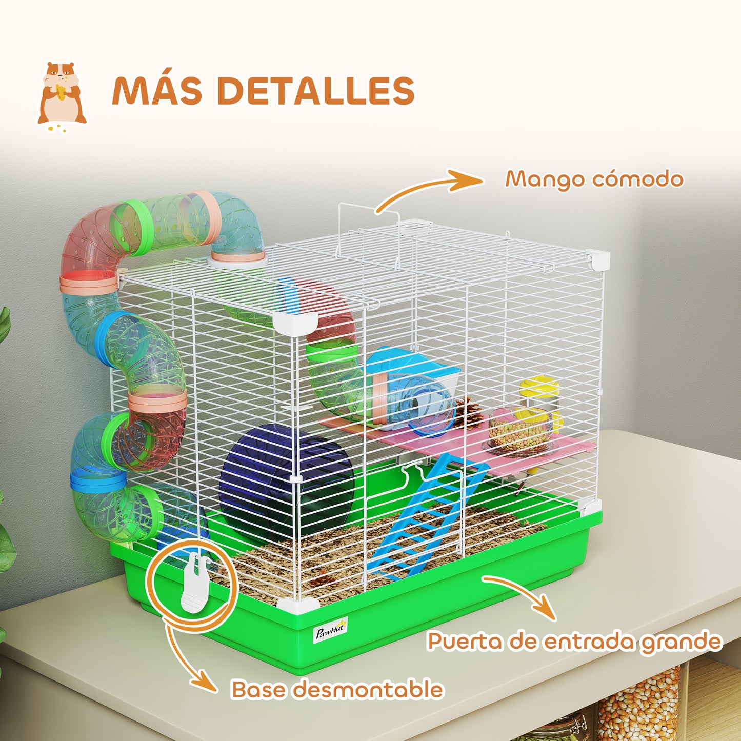 Pawhut Jaula Para Hámster Con Túnel Cuenco Bebedero Casita Rampa Verde_5