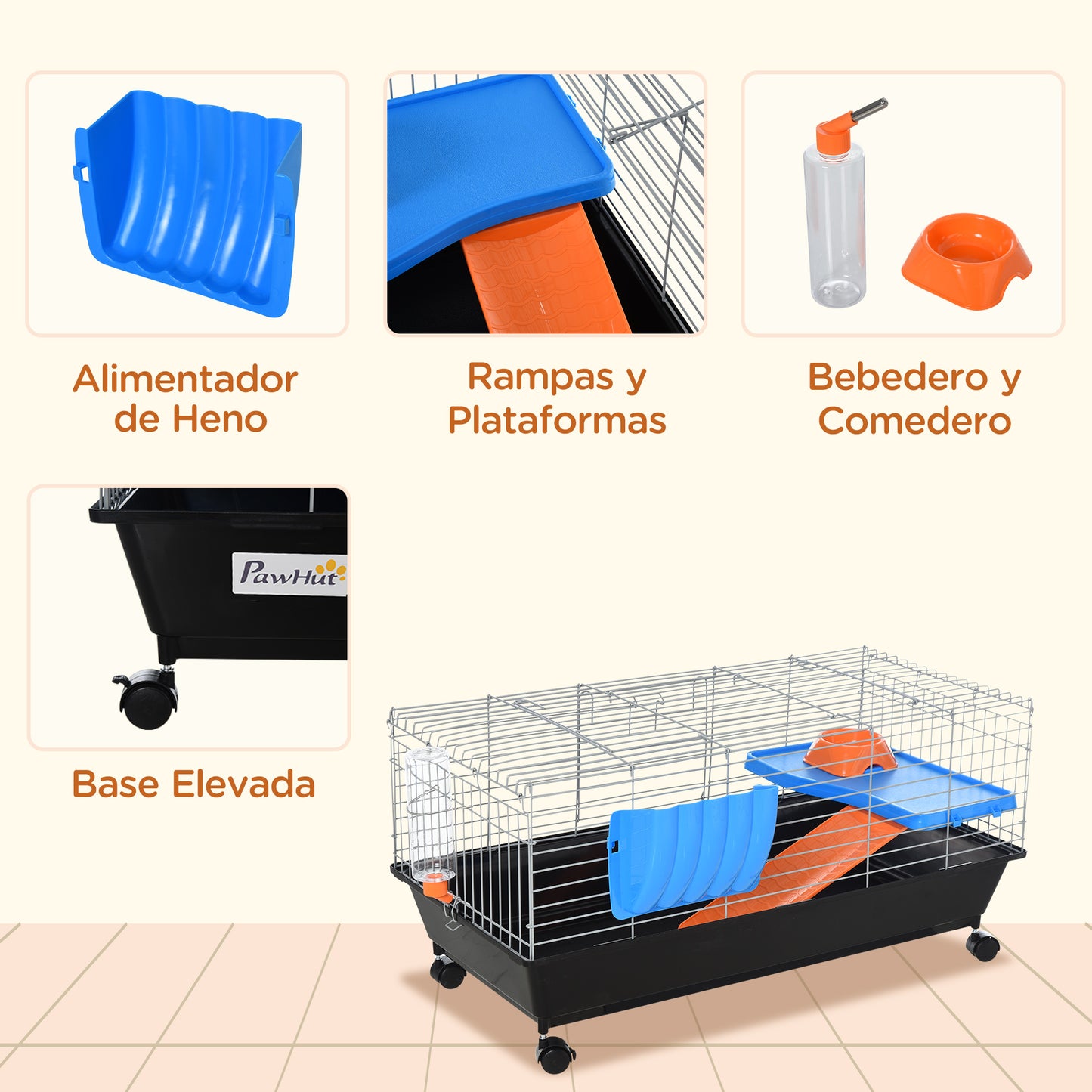 Pawhut Jaula Roedores Pequeños Con Ruedas Comedero Bebedero Y Rampa 89x44x43_5