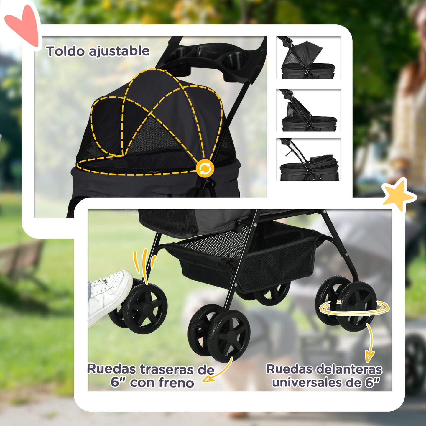 Pawhut Carrito Para Perros Plegable Con Cesta De Almacenaje 67x45x96 Cm Negro_5
