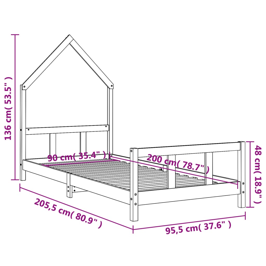 Estructura De Cama Para Niños Madera De Pino Negro 90x200 Cm / Vetonek_5