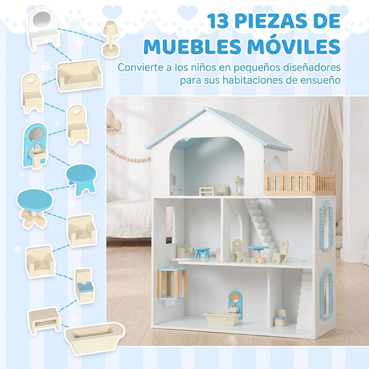 Aiyaplay Casa De Muñecas De Madera 3 Pisos Con Ascensor Y 5 Habitaciones Azul_5