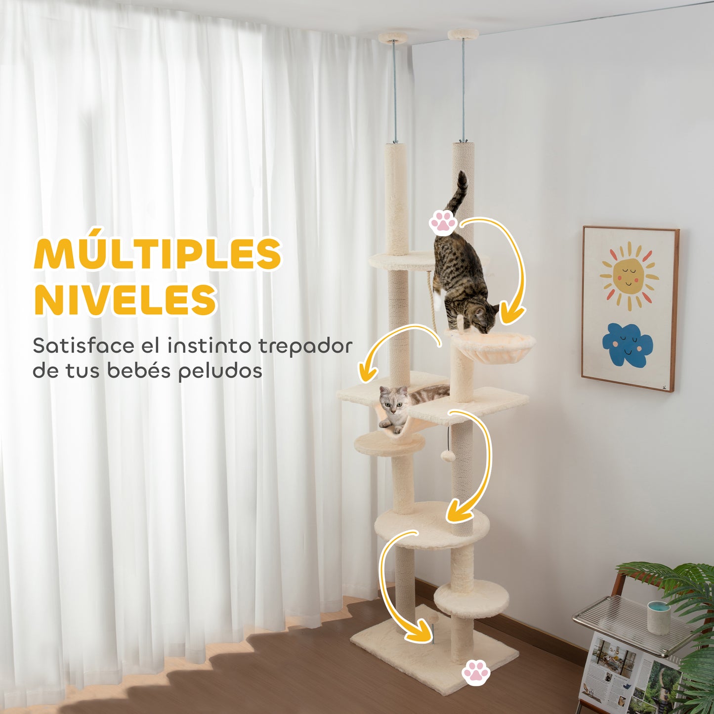 Pawhut Árbol Para Gatos De Suelo A Techo Con Altura Ajustable 225-255 Cm Beige_5
