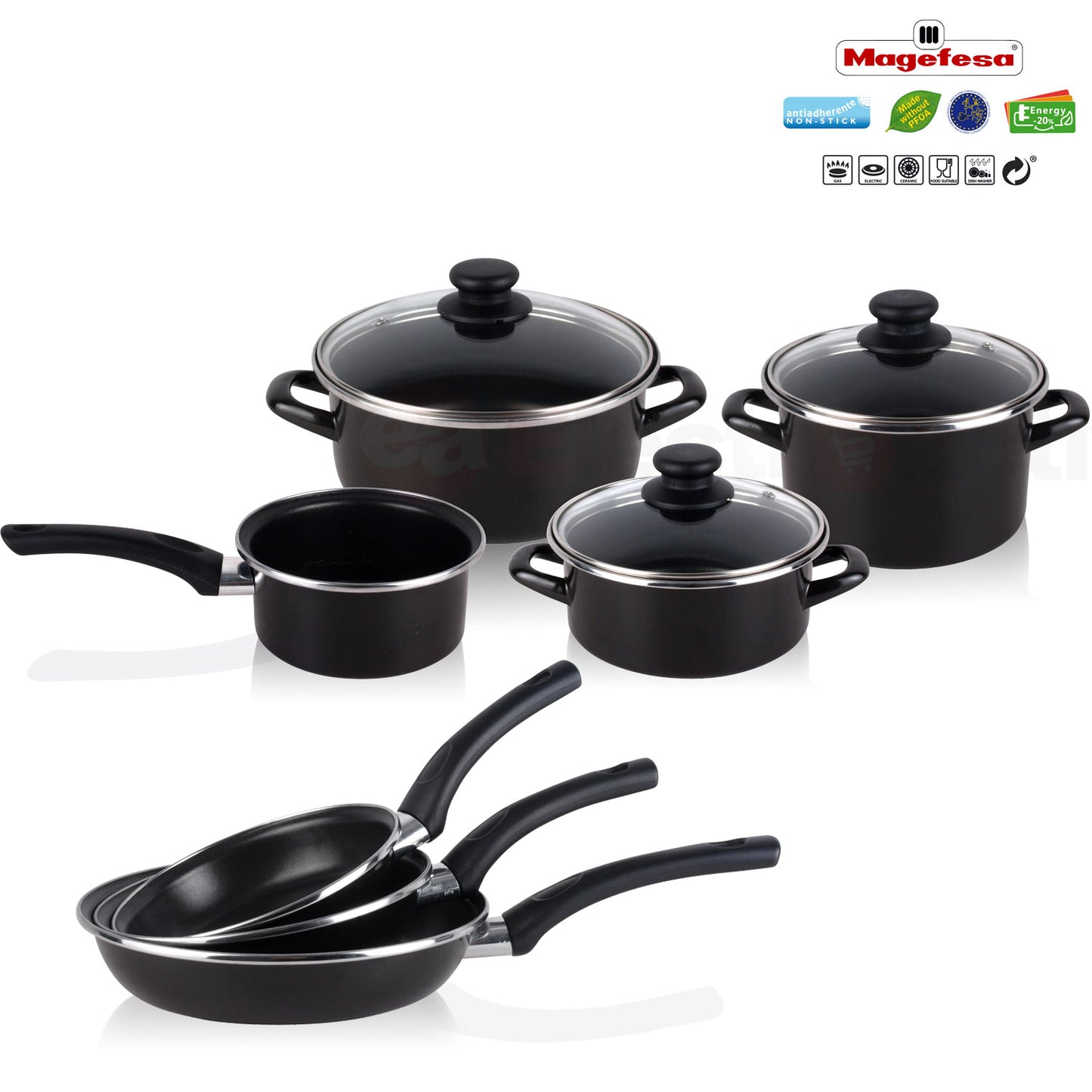 Bateria De Cocina 7 Piezas + Set Juego 3 Sartenes 18-20-24cm, Acero Vitrificado 820ºc, Libre Pfoa Magefesa Kenia, Negro