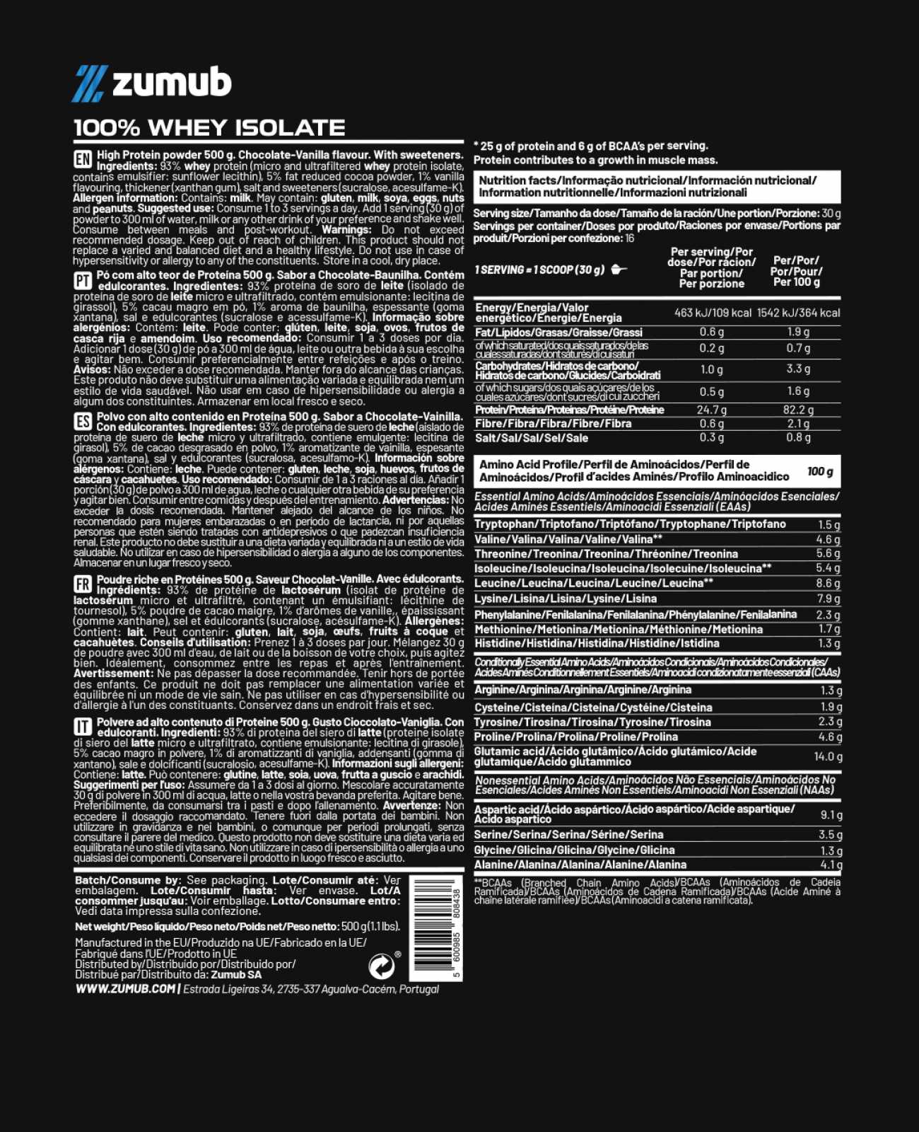 Zumub 100% Whey Isolate 500 G  - Chocolate-Vainilla