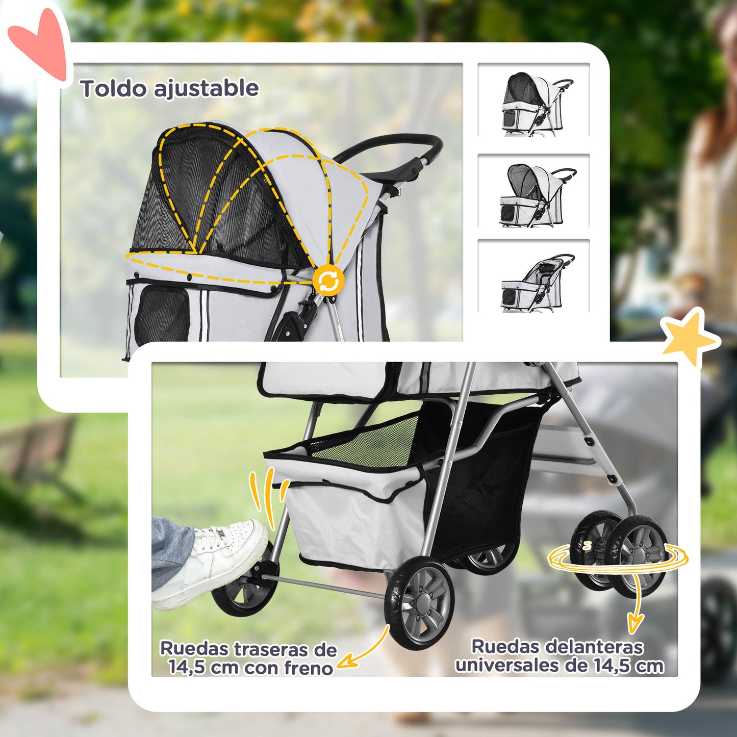 Pawhut Carrito Para Perros Plegable Con Toldo Ajustable 75x45x97 Cm Gris_5