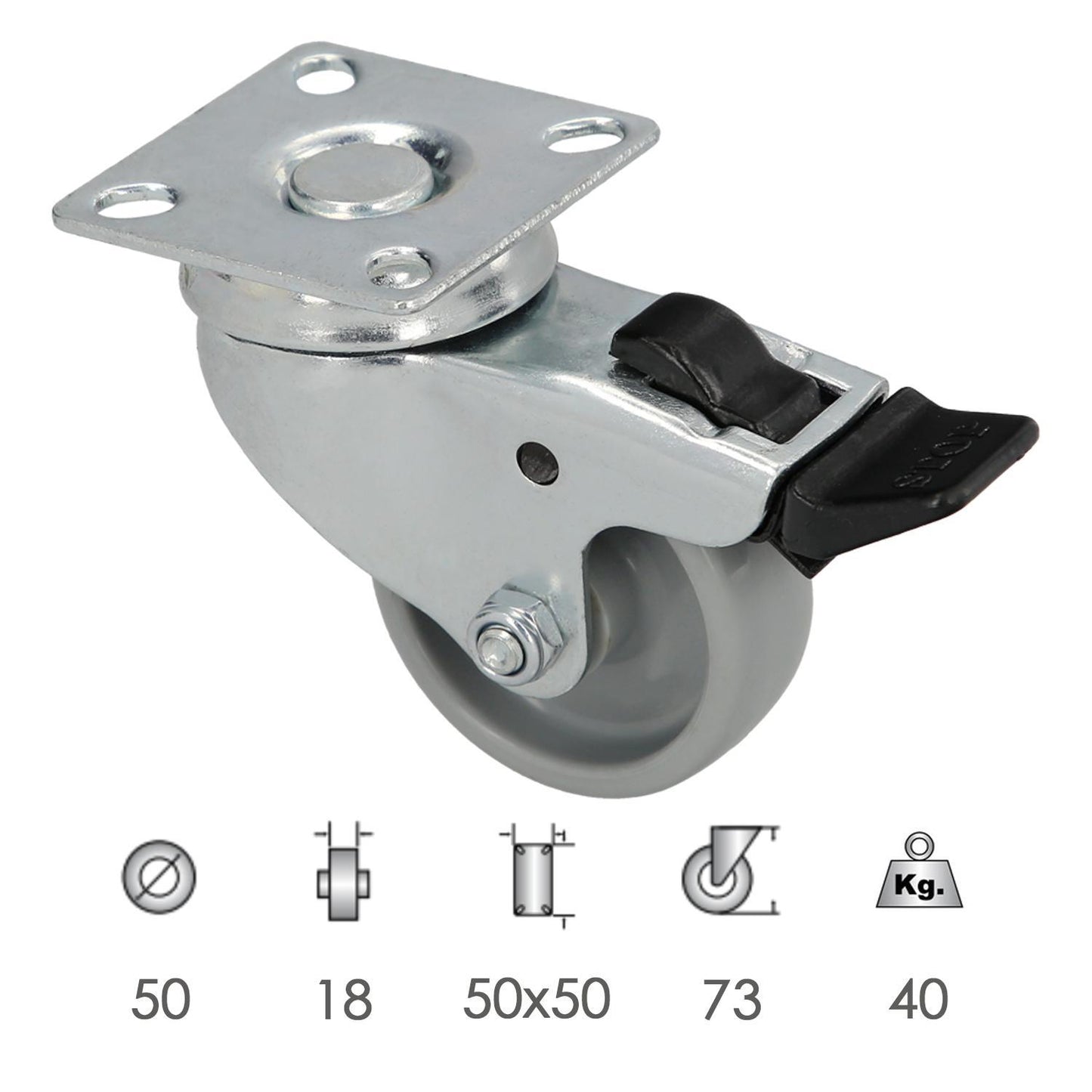 Rueda Domestica Ø 50 Mm. Con Placa 50x50 Mm. Con Freno