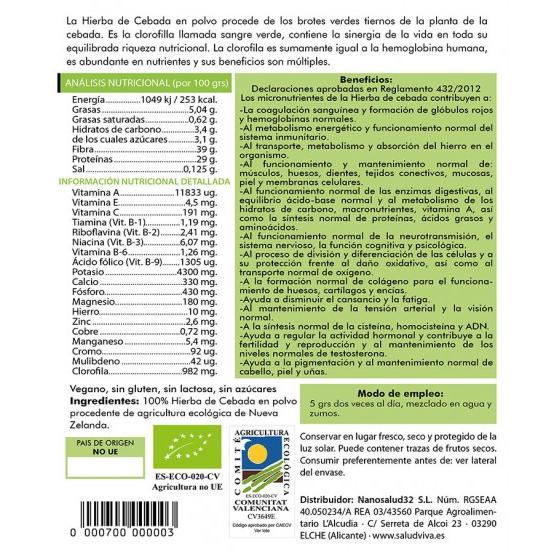 Hierba de cebada en polvo ECO 125 g, Salud Viva