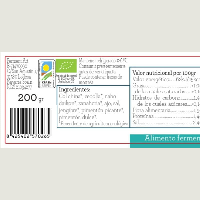 Kimchi Baechu Eco Sin Pasteurizar Ferment Art 200 Gr