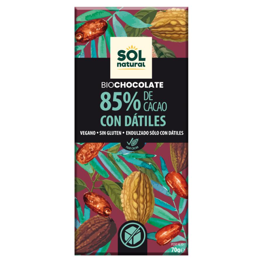Tableta de Chocolate Vegano 85% de Cacao y Dátiles Bio Sol Natural 70 g