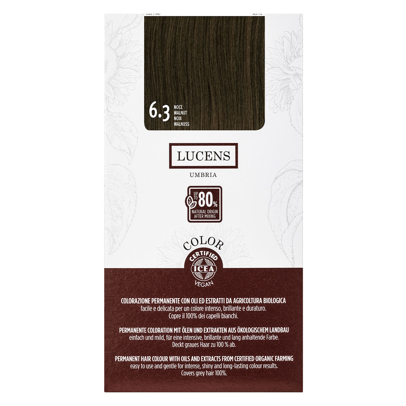 Lucens Umbria - Coloración permanente 6.3 nuez, sin amoniaco, ingredientes naturales, 50 ml_0