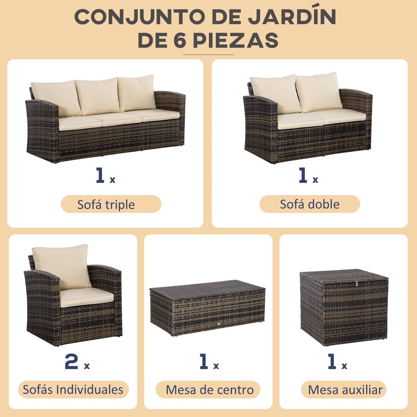 Outsunny Conjunto De Jardín Exterior De Ratán Sintético De 6 Piezas Caqui_5