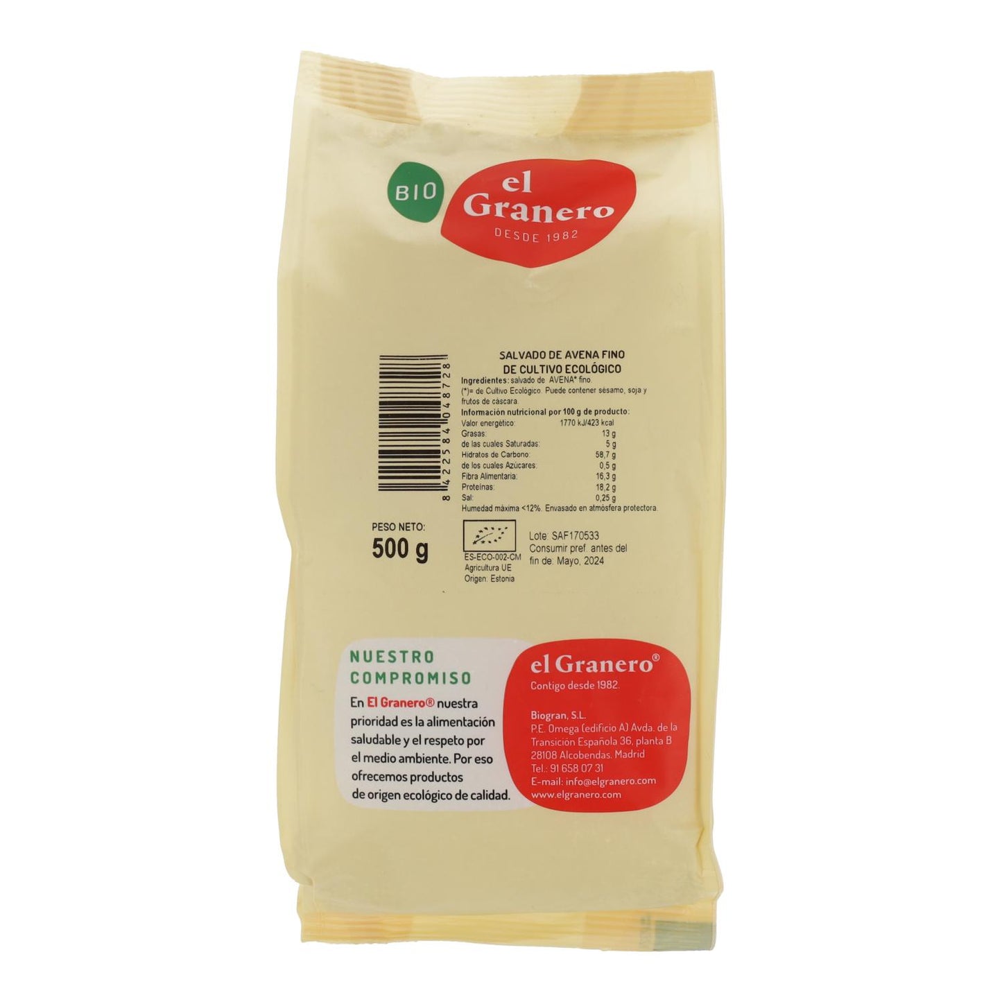 Salvado de Avena Fino Bio El Granero, 500 Gr
