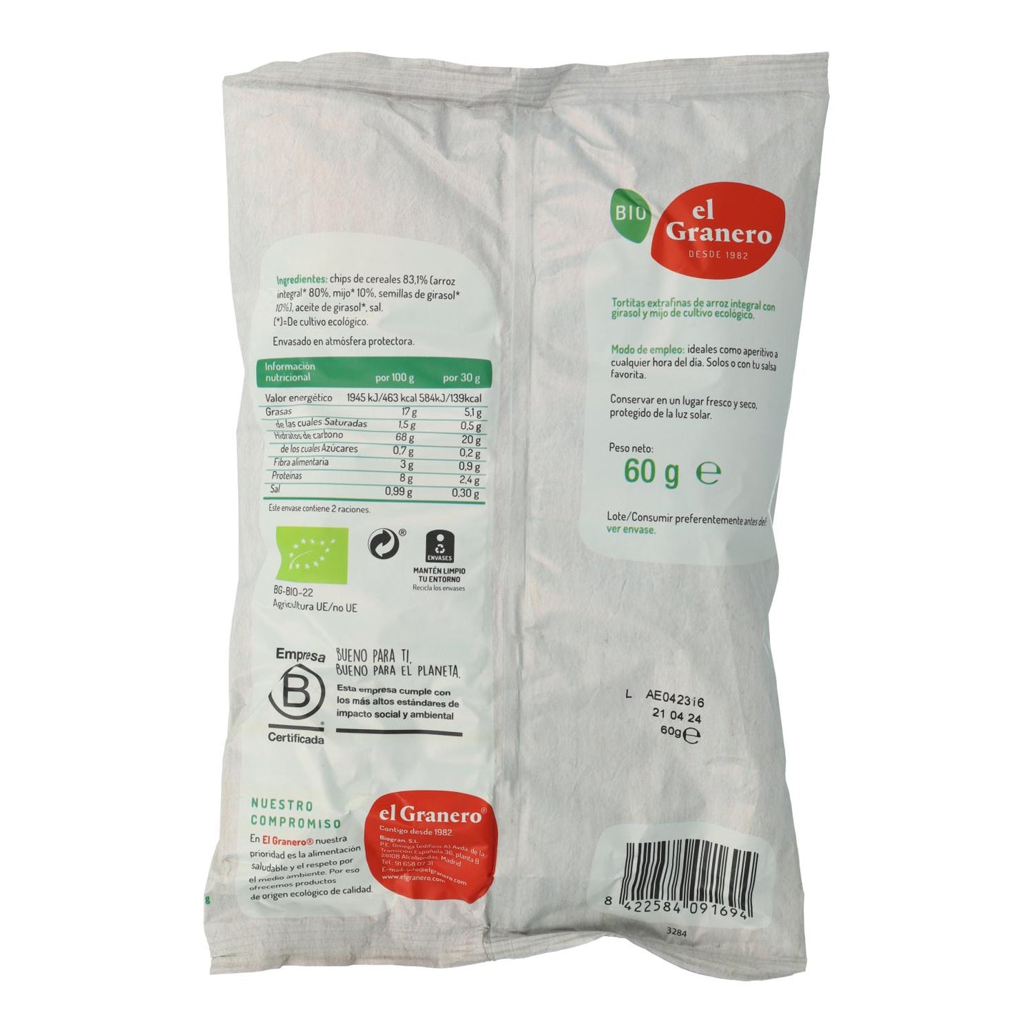 Tortitas Extrafinas de Arroz Integral y Semillas de Girasol BIO Sin gluten El Granero 60 g