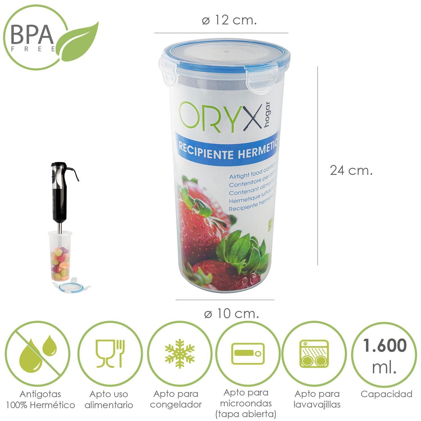 Recipiente Hermetico Plastico Redondo 1.600 Ml.  Ø 12 X 24 (alt.) Cm.