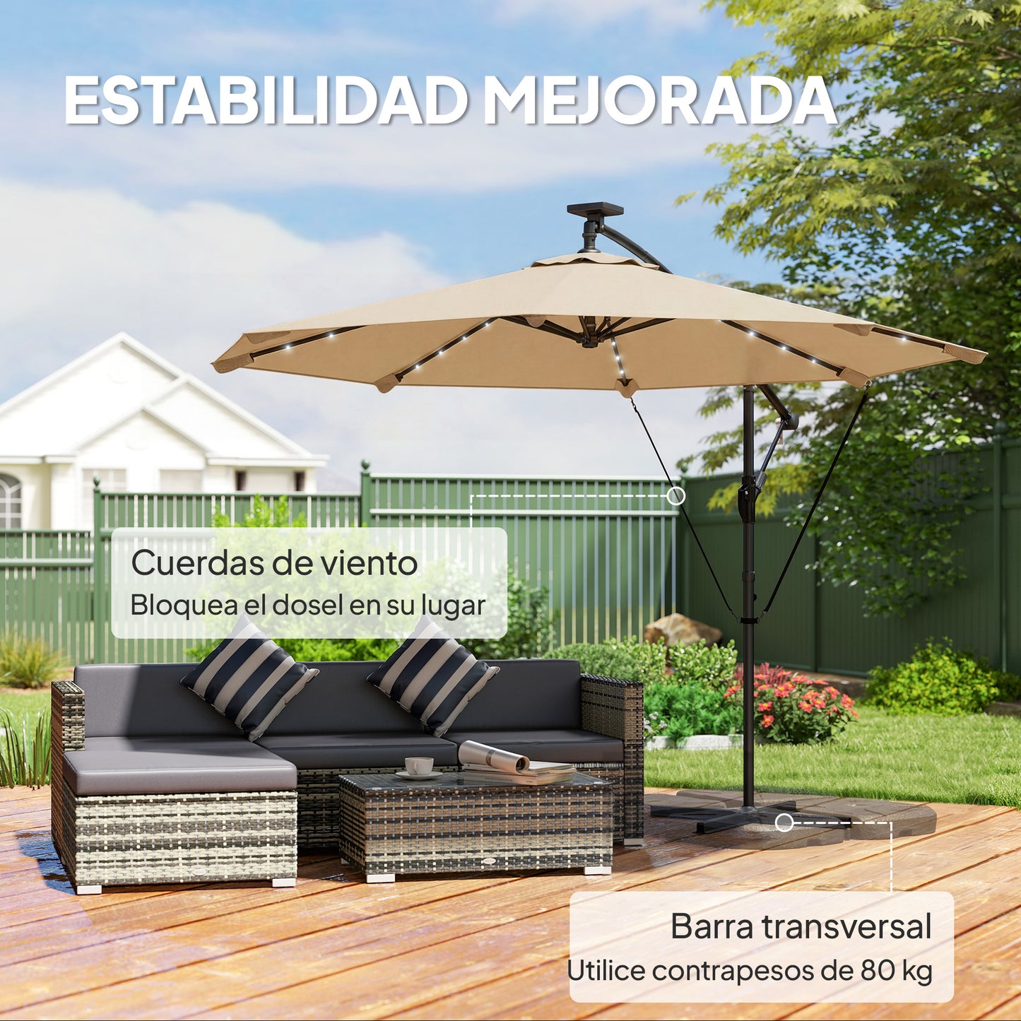 Outsunny Parasol Excéntrico Con Luces Led Solares Base Cruzada 330x295 Cm Caqui_5